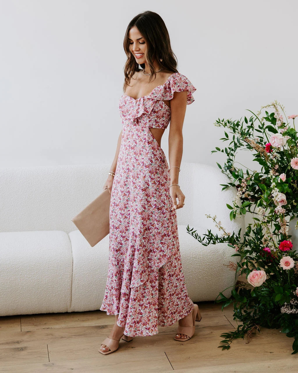 Pink Floral One Shoulder Midi Dress