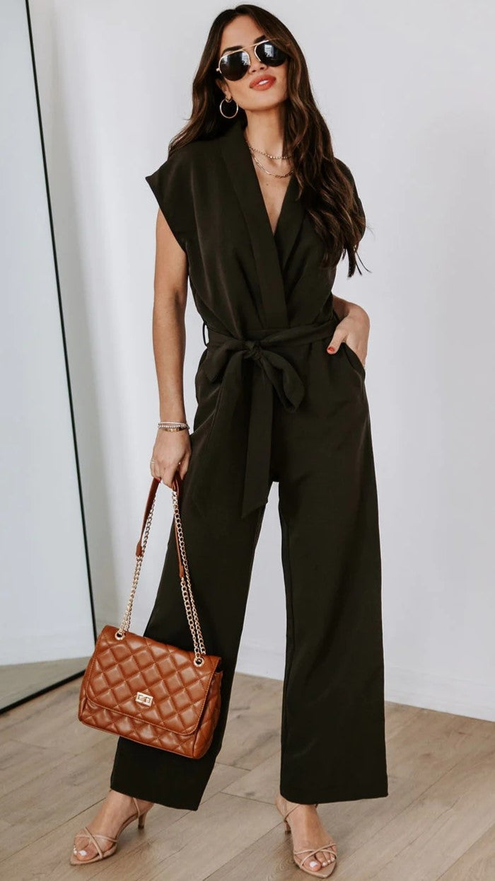 Black Waist Tie Surplice Jumpsuits