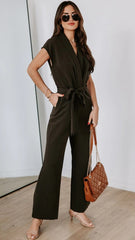 Black Waist Tie Surplice Jumpsuits