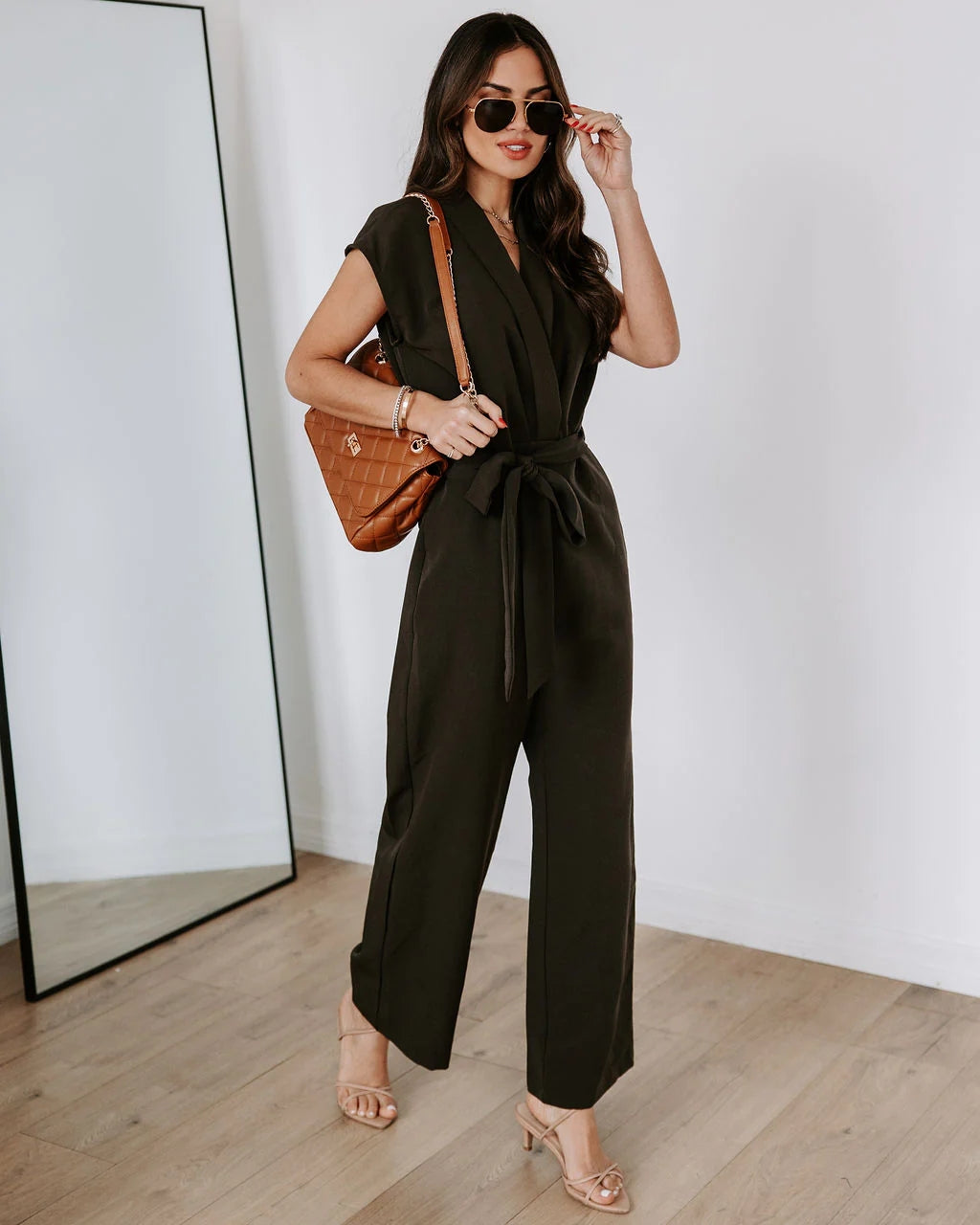 Black Waist Tie Surplice Jumpsuits
