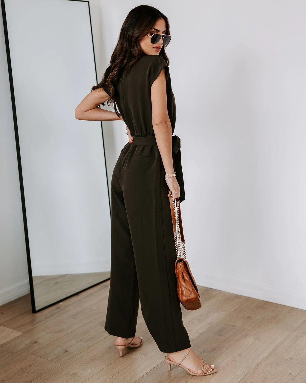 Black Waist Tie Surplice Jumpsuits