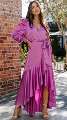 Fuchsia Long Sleeves Surplice Midi Dress