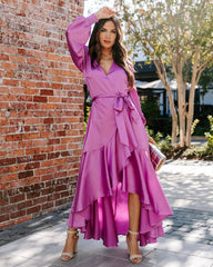 Fuchsia Long Sleeves Surplice Midi Dress