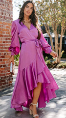 Fuchsia Long Sleeves Surplice Midi Dress