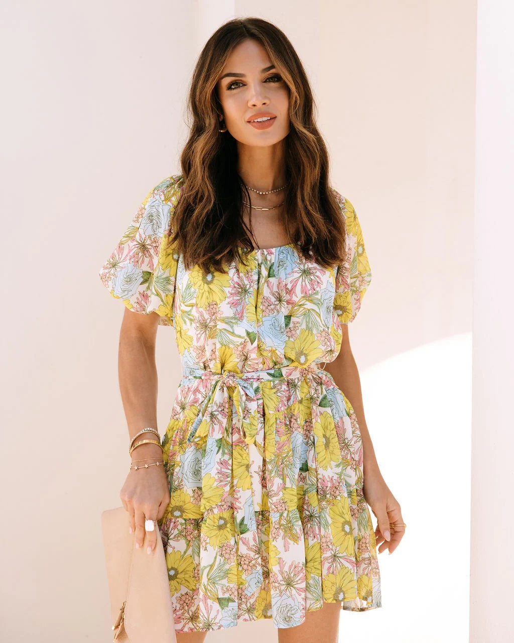 Yellow Floral Waist Tie Mini Dress