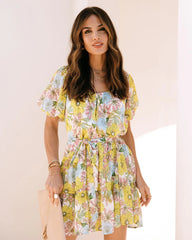 Yellow Floral Waist Tie Mini Dress