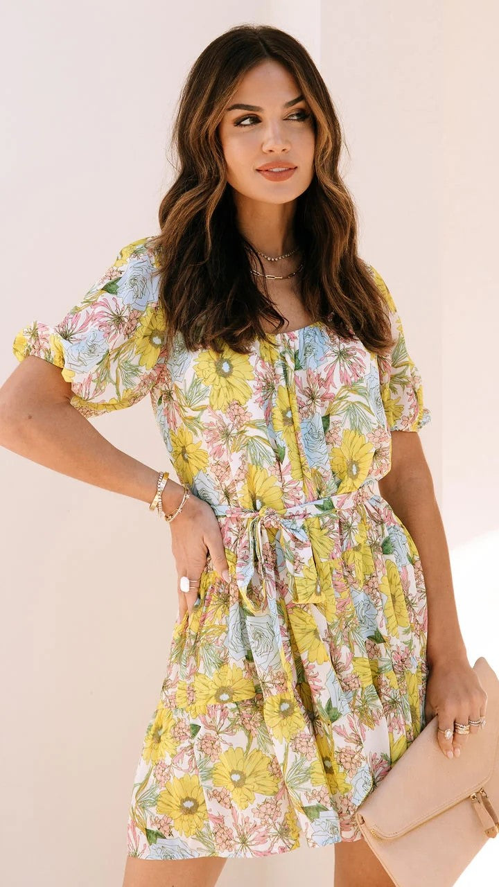 Yellow Floral Waist Tie Mini Dress