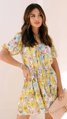 Yellow Floral Waist Tie Mini Dress