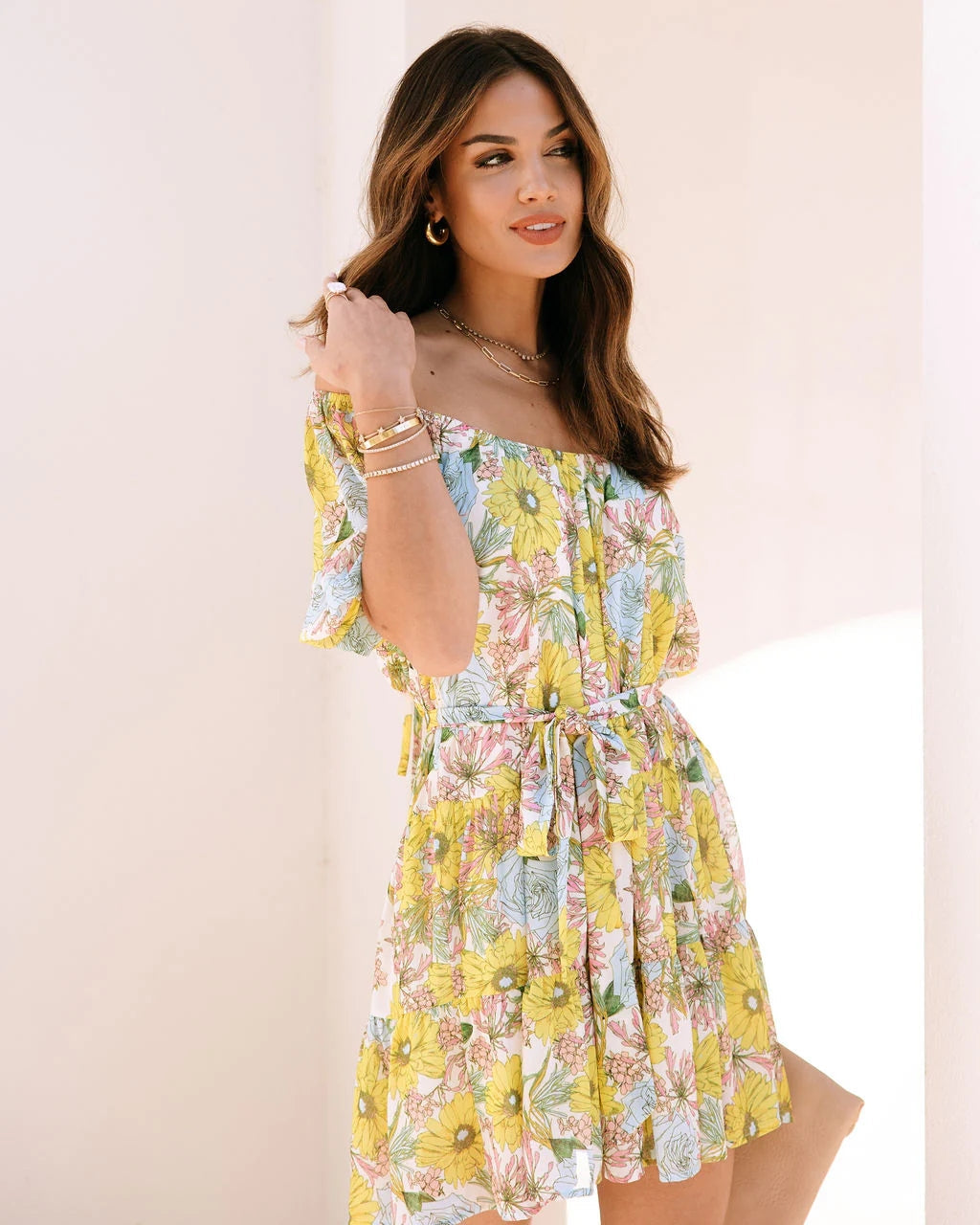 Yellow Floral Waist Tie Mini Dress