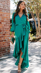 Green Long Sleeves Surplice Midi Dress