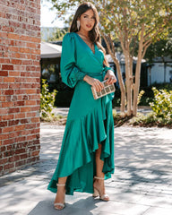 Green Long Sleeves Surplice Midi Dress