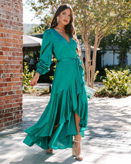 Green Long Sleeves Surplice Midi Dress