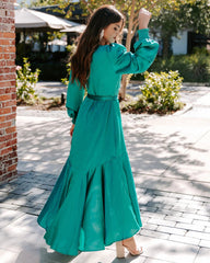 Green Long Sleeves Surplice Midi Dress