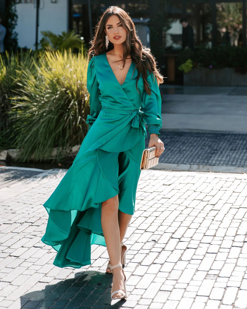 Green Long Sleeves Surplice Midi Dress