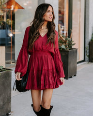 Wine Long Sleeves Mini Dress