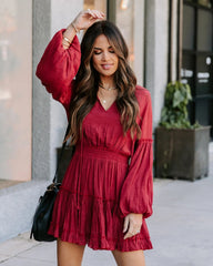Wine Long Sleeves Mini Dress