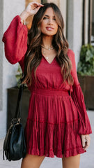 Wine Long Sleeves Mini Dress