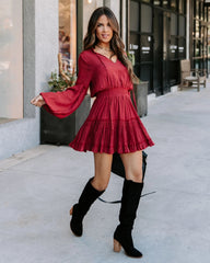 Wine Long Sleeves Mini Dress