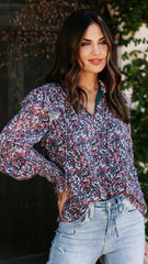 Navy Floral Long Sleeves Blouse