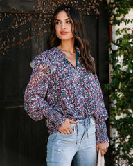 Navy Floral Long Sleeves Blouse