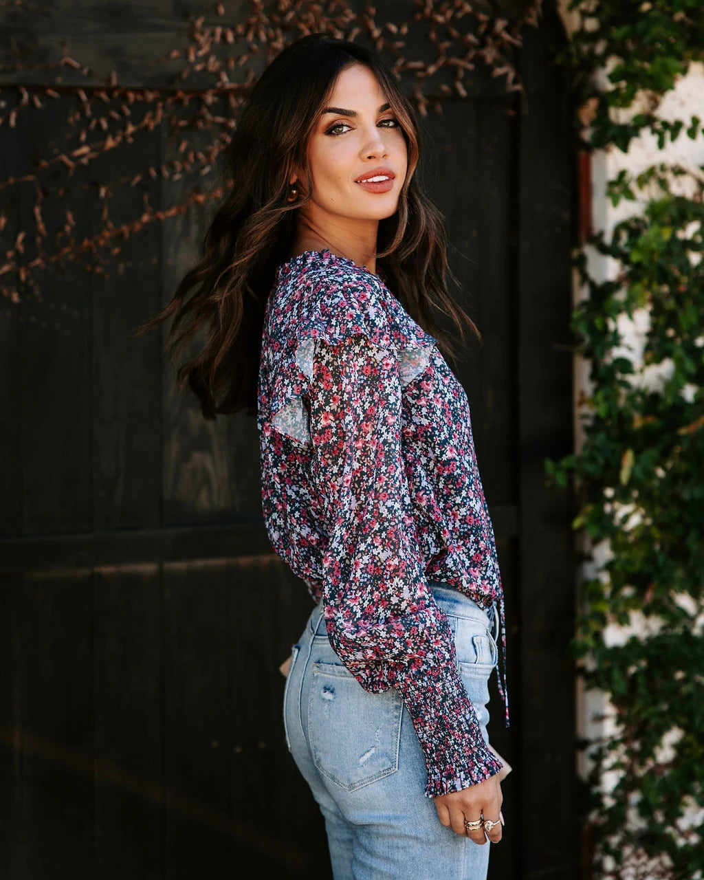 Navy Floral Long Sleeves Blouse