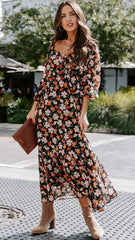 Black Floral Long Sleeves Midi Dress