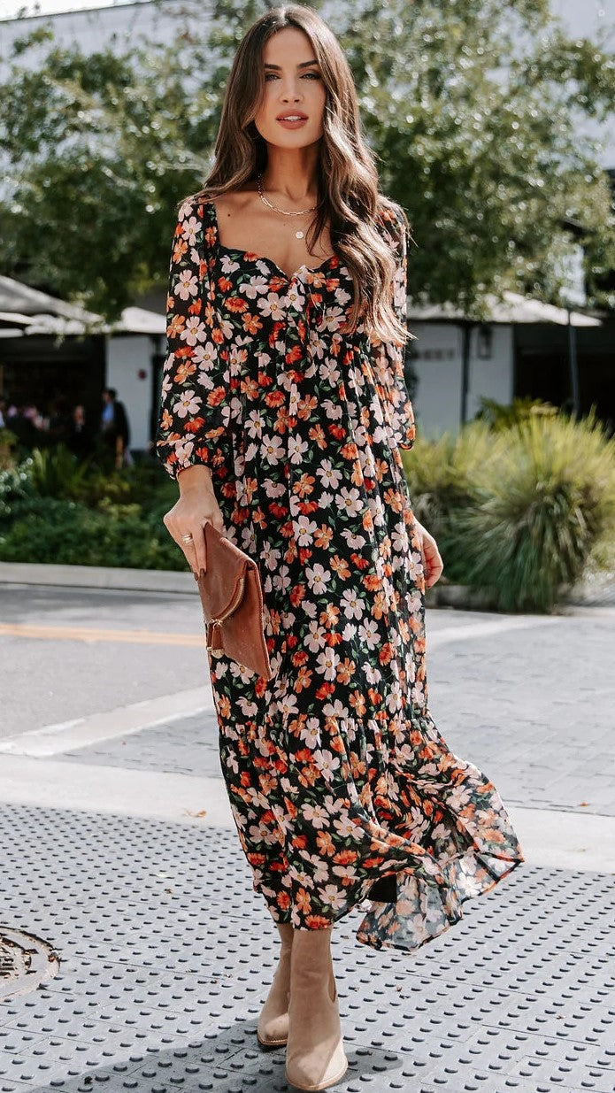 Black Floral Long Sleeves Midi Dress