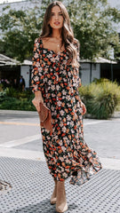Black Floral Long Sleeves Midi Dress