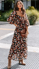Black Floral Long Sleeves Midi Dress