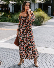 Black Floral Long Sleeves Midi Dress