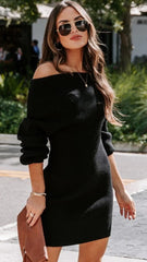 Black Off Shoulder Knit Sweater Dress
