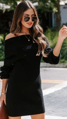 Black Off Shoulder Knit Sweater Dress