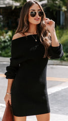 Black Off Shoulder Knit Sweater Dress