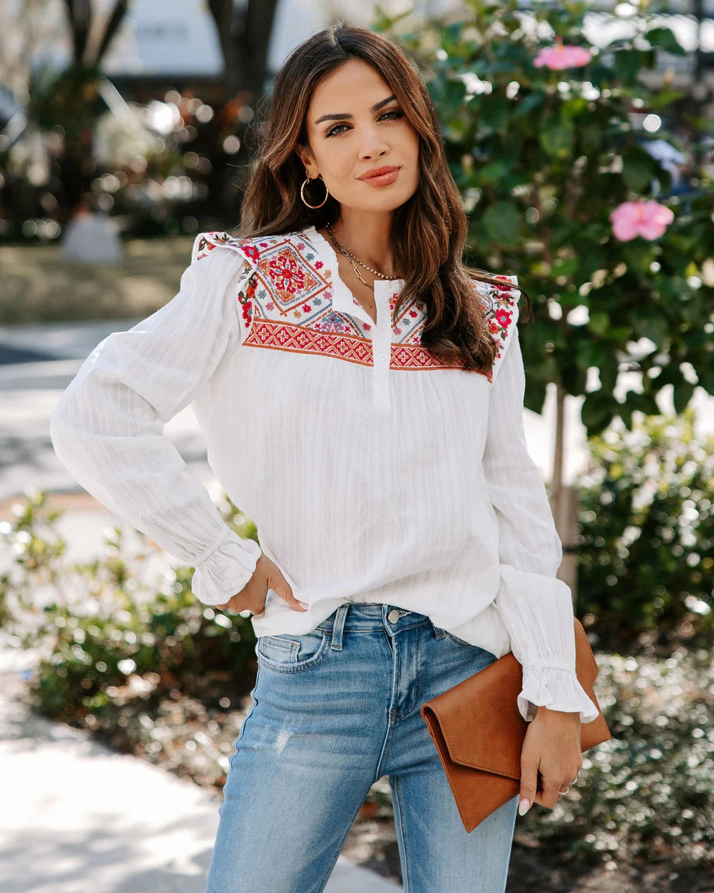 White Embroidery Floral Yoke Top