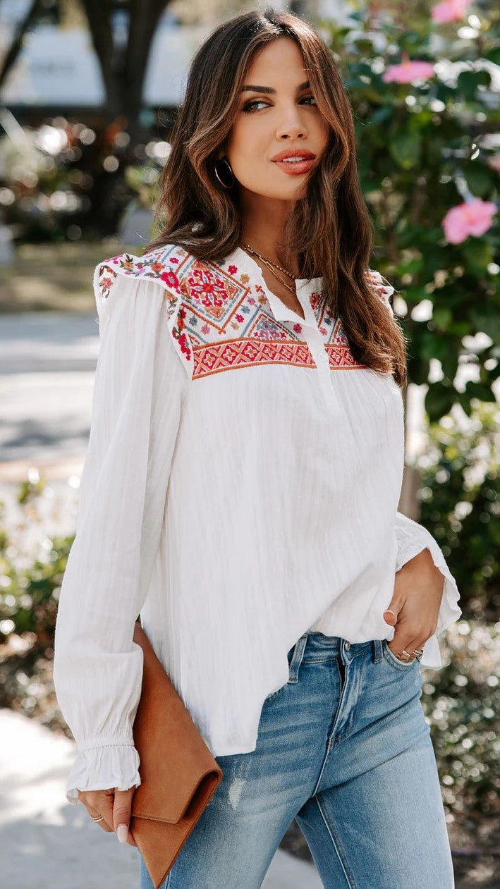White Embroidery Floral Yoke Top
