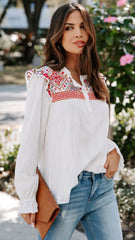 White Embroidery Floral Yoke Top