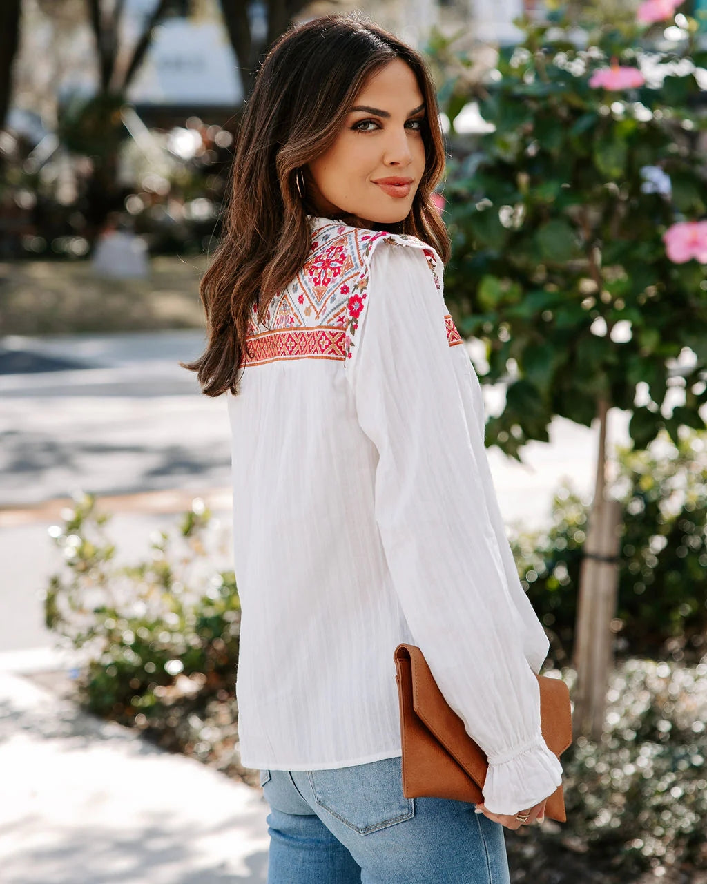 White Embroidery Floral Yoke Top