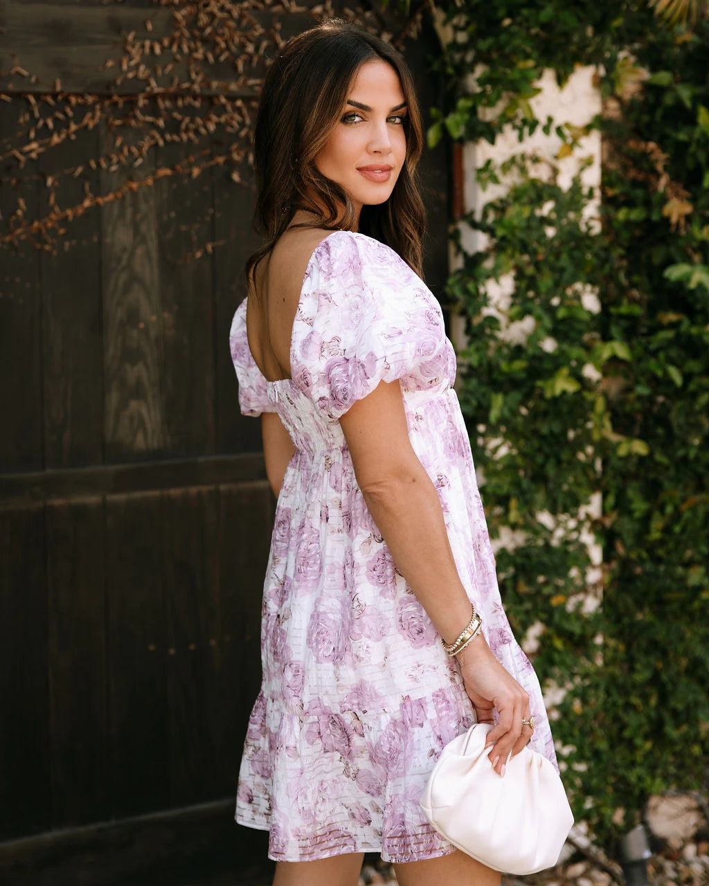 Violet Floral Square Neckline Mini Dress