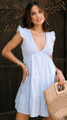Light Blue V Neck Tiered Mini Dress