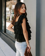 Black Solid Tiered Tank Top
