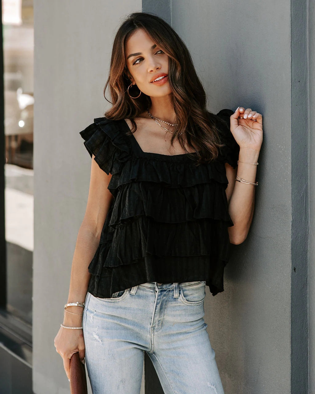 Black Solid Tiered Tank Top