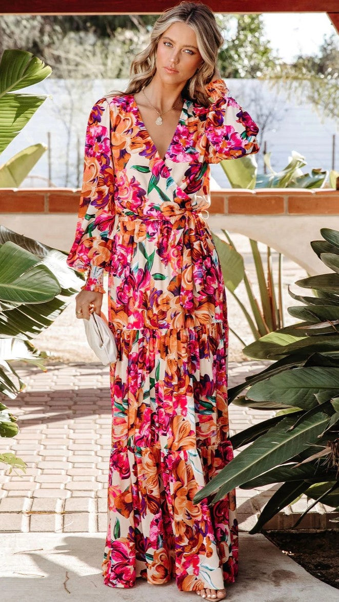 Rose Print Long Sleeves Maxi Dress