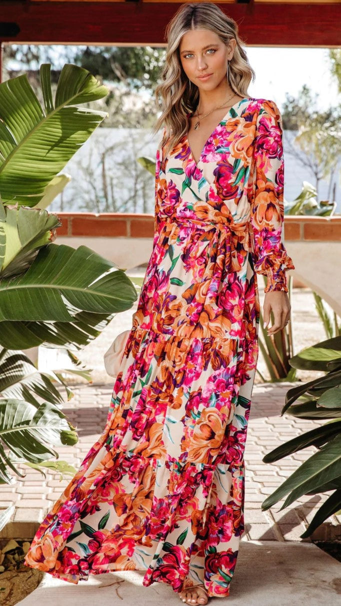 Rose Print Long Sleeves Maxi Dress
