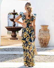 Navy Floral Ruffle Midi Dress