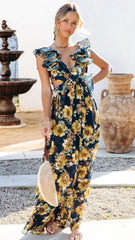 Navy Floral Ruffle Midi Dress