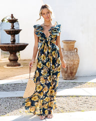 Navy Floral Ruffle Midi Dress