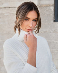 White Turtleneck Ribbed Knit Sweater