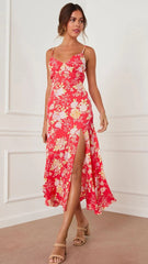 Red Floral Slip Midi Dress