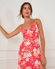 Red Floral Slip Midi Dress
