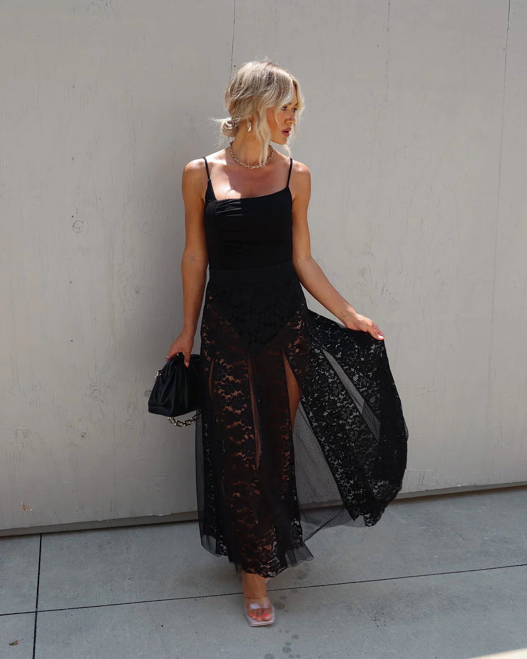 Black Crochet Lace Midi Skirt